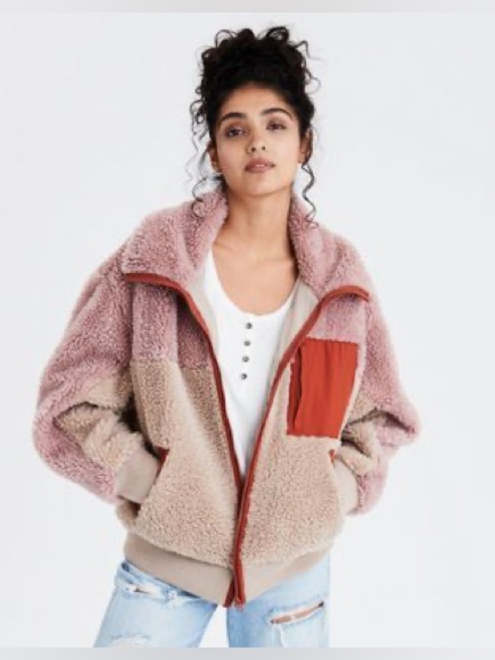 AE Oversized Colorblock Teddy Sherpa Coat